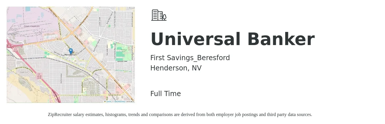 First Savings_Beresford job posting for a Universal Banker in Henderson, NV with a salary of $16 to $20 Hourly with a map of Henderson location.