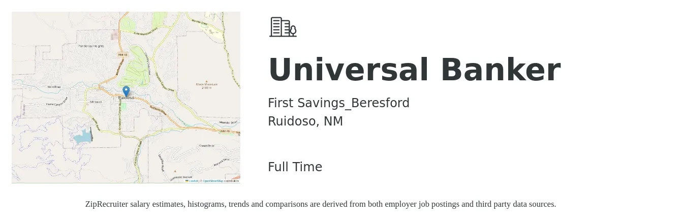 First Savings_Beresford job posting for a Universal Banker in Ruidoso, NM with a salary of $17 to $22 Hourly with a map of Ruidoso location.