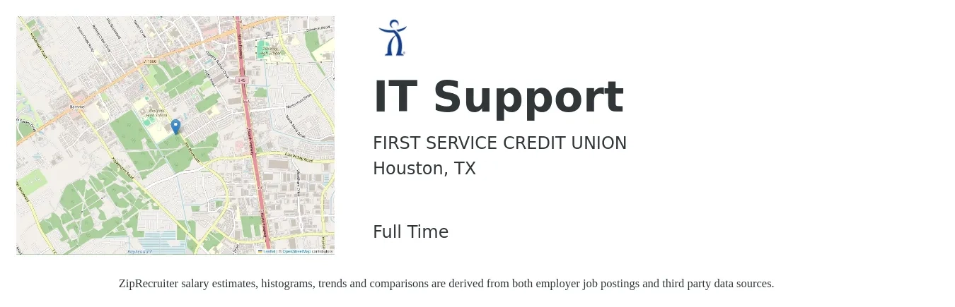 FIRST SERVICE CREDIT UNION job posting for a IT Support in Houston, TX with a salary of $20 to $28 Hourly with a map of Houston location.
