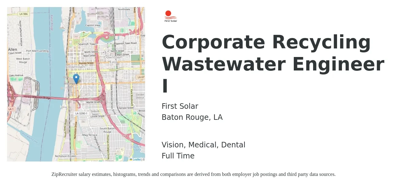 First Solar job posting for a Corporate Recycling Wastewater Engineer I in Baton Rouge, LA with a salary of $73,000 to $118,600 Yearly and benefits including medical, pto, retirement, vision, dental, and life_insurance with a map of Baton Rouge location.