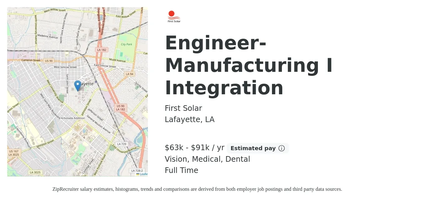First Solar job posting for a Engineer- Manufacturing I Integration in Lafayette, LA with a salary of $63,900 to $91,000 Yearly and benefits including dental, life_insurance, medical, pto, retirement, and vision with a map of Lafayette location.