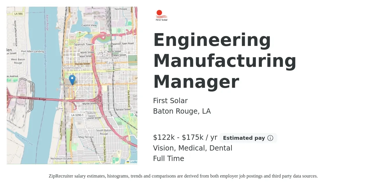 First Solar job posting for a Engineering Manufacturing Manager in Baton Rouge, LA with a salary of $122,800 to $175,000 Yearly and benefits including dental, life_insurance, medical, pto, retirement, and vision with a map of Baton Rouge location.