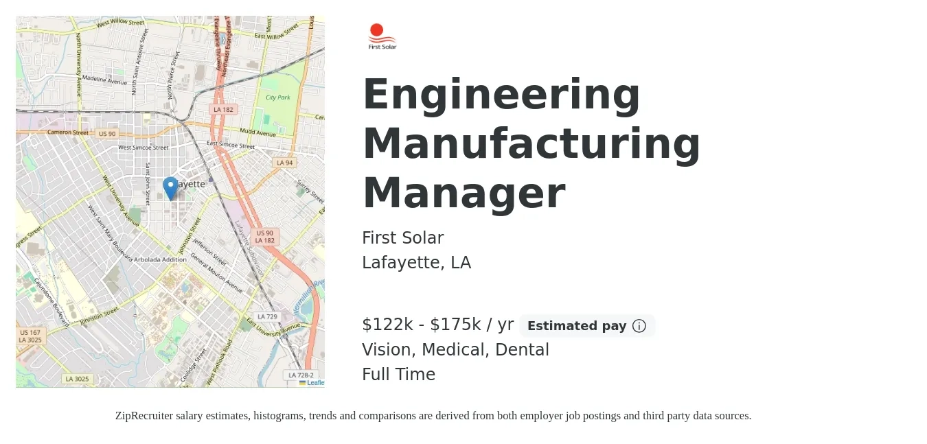 First Solar job posting for a Engineering Manufacturing Manager in Lafayette, LA with a salary of $122,800 to $175,000 Yearly and benefits including retirement, vision, dental, life_insurance, medical, and pto with a map of Lafayette location.