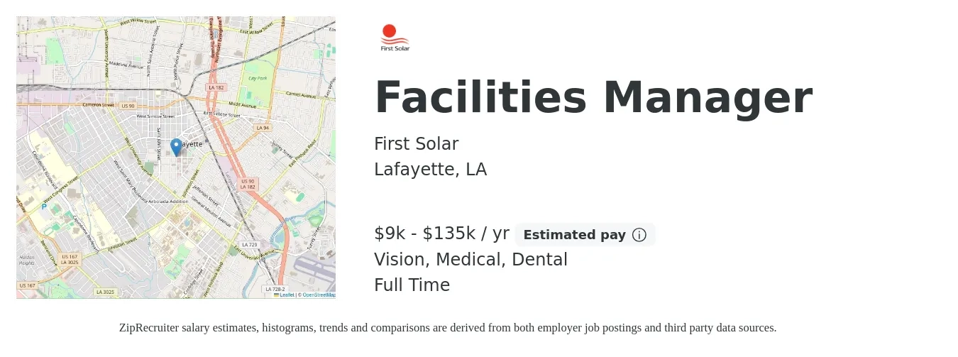 First Solar job posting for a Facilities Manager in Lafayette, LA with a salary of $9,470 to $135,000 Yearly and benefits including vision, dental, life_insurance, medical, pto, and retirement with a map of Lafayette location.