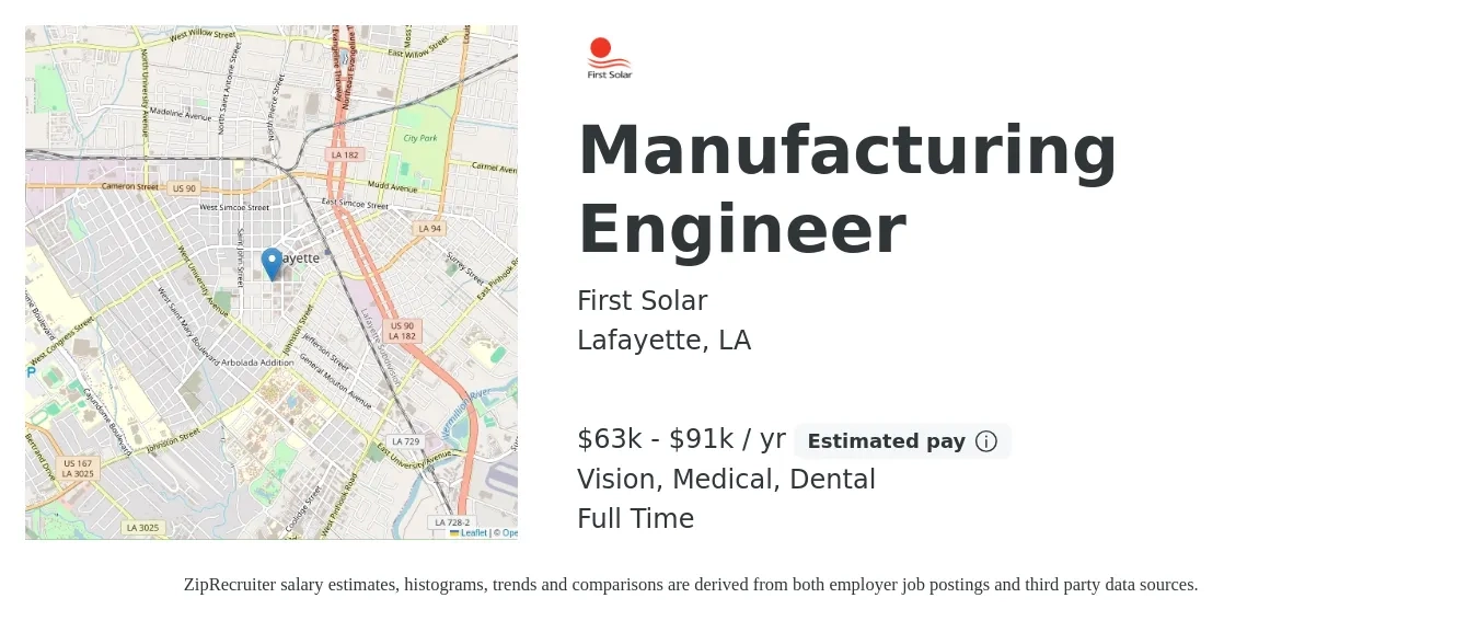 First Solar job posting for a Manufacturing Engineer in Lafayette, LA with a salary of $63,900 to $91,000 Yearly and benefits including medical, pto, retirement, vision, dental, and life_insurance with a map of Lafayette location.