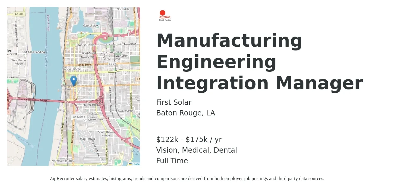 First Solar job posting for a Manufacturing Engineering Integration Manager in Baton Rouge, LA with a salary of $122,800 to $175,000 Yearly and benefits including vision, dental, life_insurance, medical, pto, and retirement with a map of Baton Rouge location.