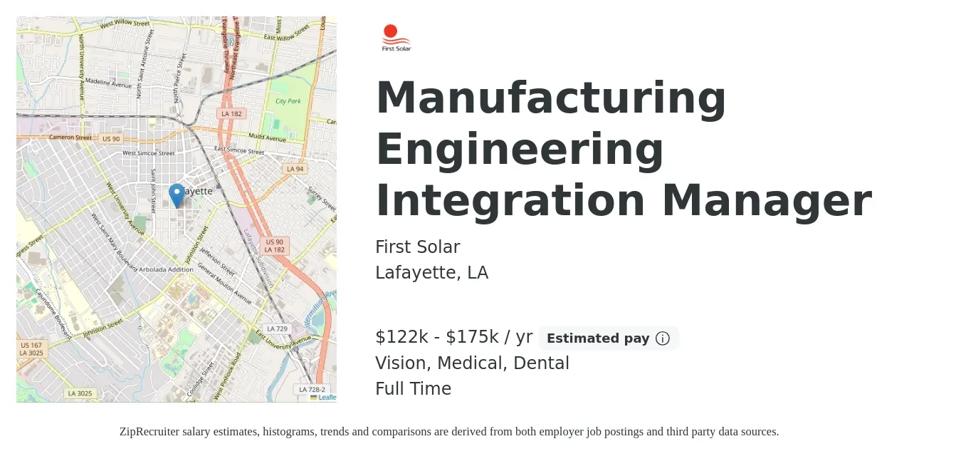 First Solar job posting for a Manufacturing Engineering Integration Manager in Lafayette, LA with a salary of $122,800 to $175,000 Yearly and benefits including life_insurance, medical, pto, retirement, vision, and dental with a map of Lafayette location.