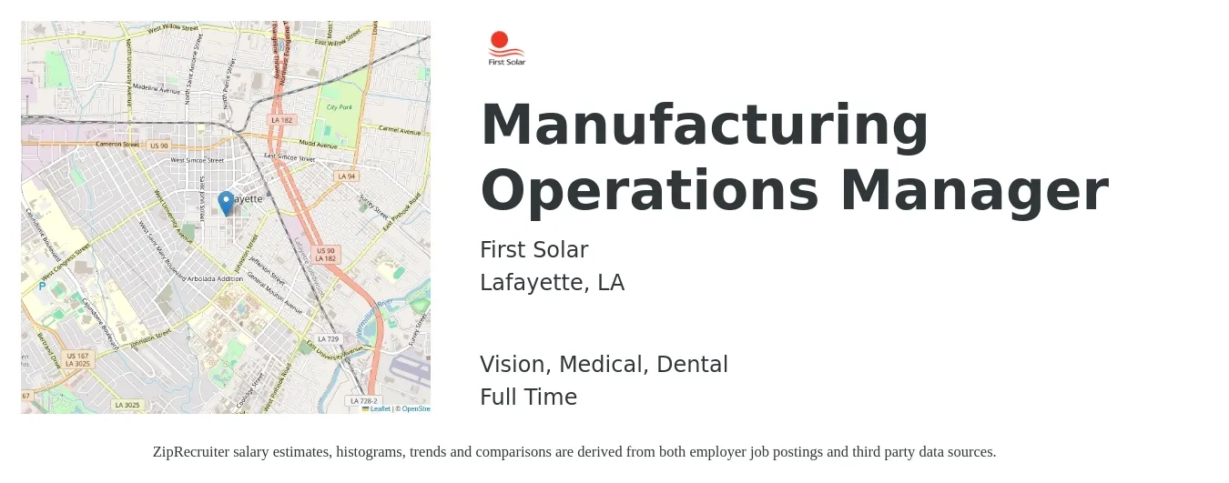 First Solar job posting for a Manufacturing Operations Manager in Lafayette, LA with a salary of $75,000 to $122,700 Yearly and benefits including pto, retirement, vision, dental, life_insurance, and medical with a map of Lafayette location.