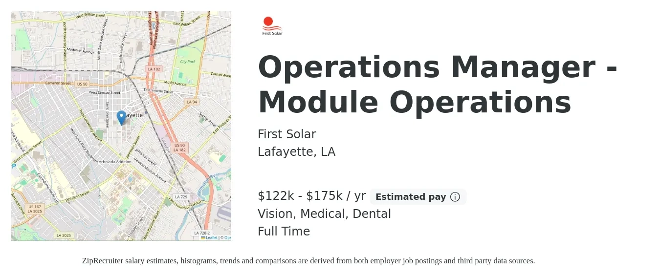 First Solar job posting for a Operations Manager - Module Operations in Lafayette, LA with a salary of $122,800 to $175,000 Yearly and benefits including dental, life_insurance, medical, pto, retirement, and vision with a map of Lafayette location.