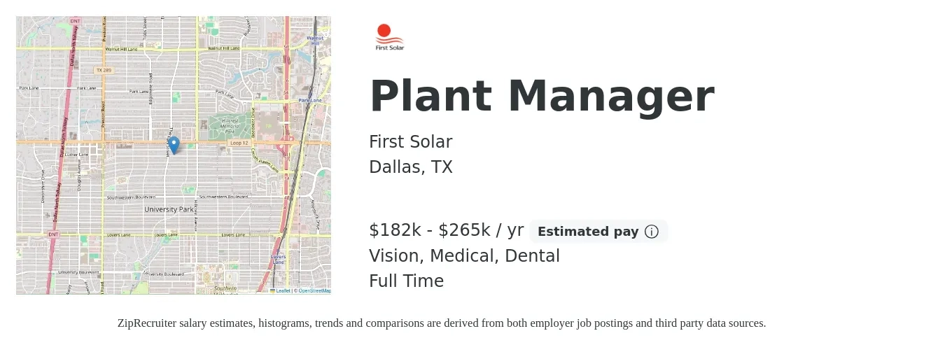 First Solar job posting for a Plant Manager in Dallas, TX with a salary of $182,000 to $265,000 Yearly and benefits including dental, life_insurance, medical, retirement, and vision with a map of Dallas location.
