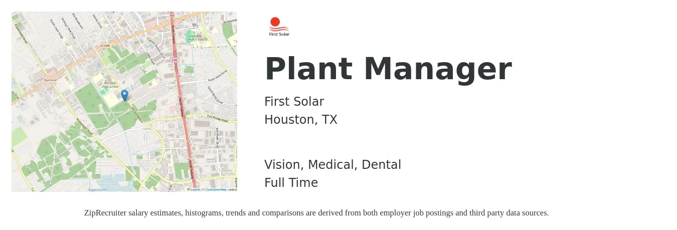 First Solar job posting for a Plant Manager in Houston, TX with a salary of $182,000 to $265,000 Yearly and benefits including vision, dental, life_insurance, medical, and retirement with a map of Houston location.
