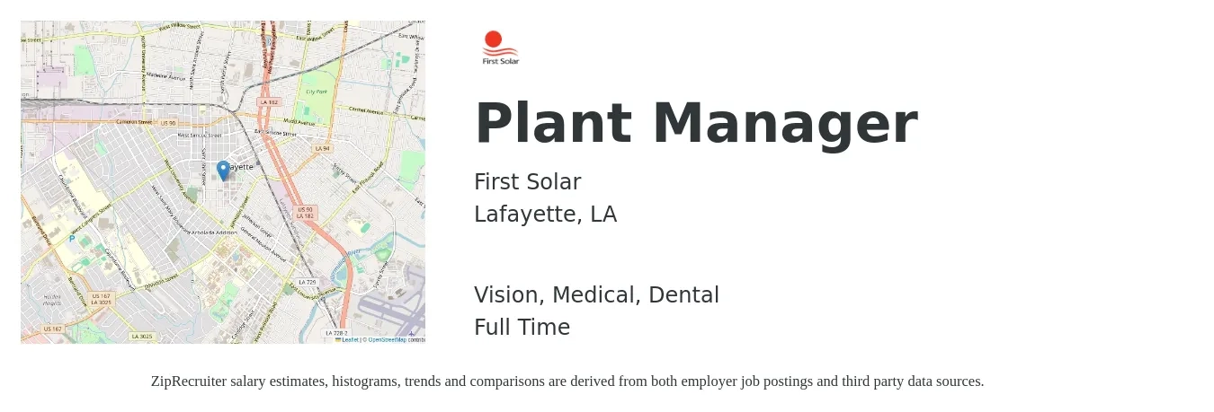 First Solar job posting for a Plant Manager in Lafayette, LA with a salary of $86,900 to $134,200 Yearly and benefits including pto, retirement, vision, dental, life_insurance, and medical with a map of Lafayette location.