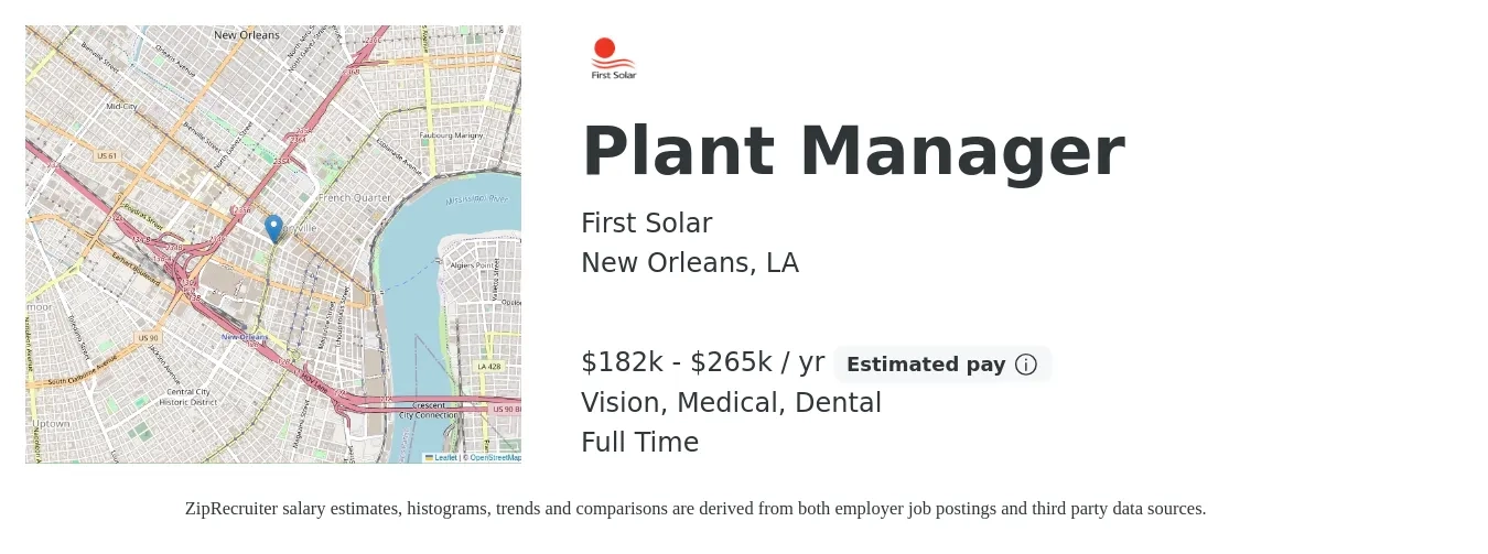 First Solar job posting for a Plant Manager in New Orleans, LA with a salary of $182,000 to $265,000 Yearly and benefits including retirement, vision, dental, life_insurance, and medical with a map of New Orleans location.