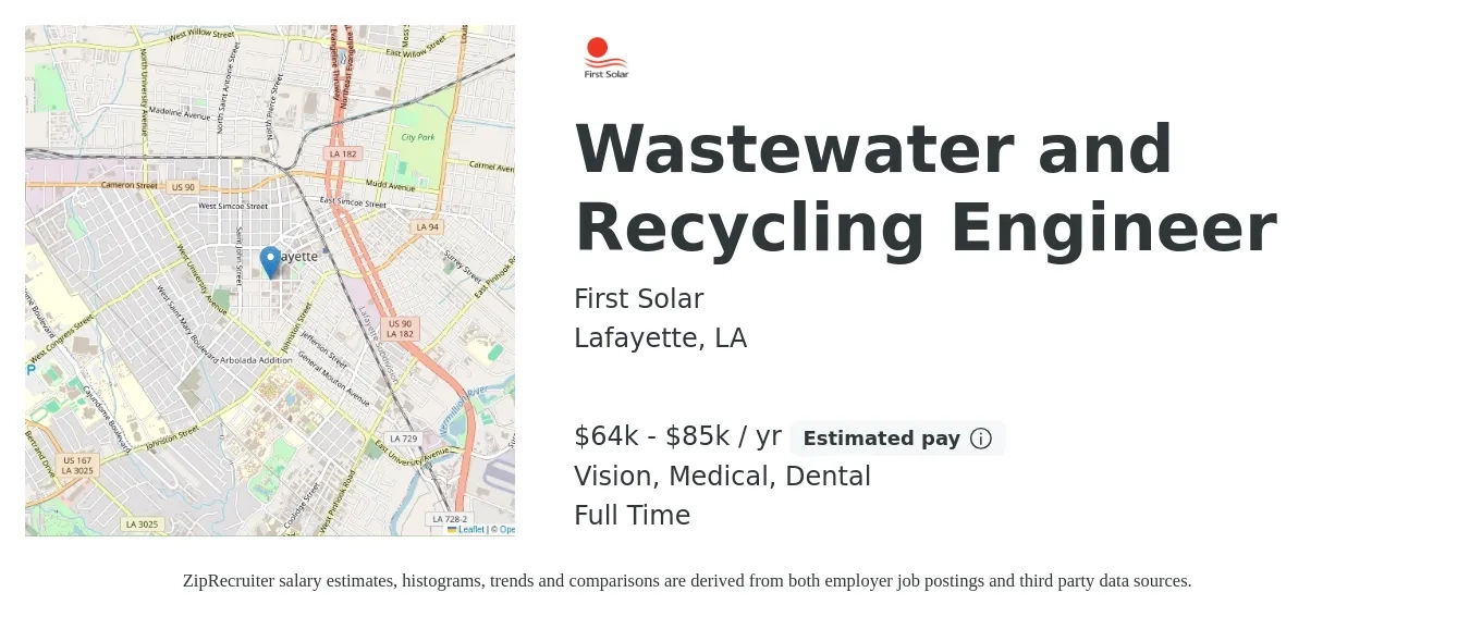First Solar job posting for a Wastewater and Recycling Engineer in Lafayette, LA with a salary of $64,000 to $85,000 Yearly and benefits including dental, life_insurance, medical, pto, retirement, and vision with a map of Lafayette location.