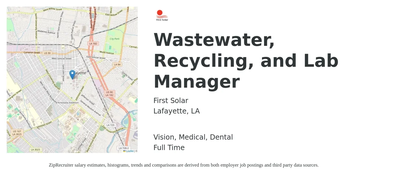 First Solar job posting for a Wastewater, Recycling, and Lab Manager in Lafayette, LA with a salary of $95,000 to $135,000 Yearly and benefits including dental, life_insurance, medical, pto, retirement, and vision with a map of Lafayette location.