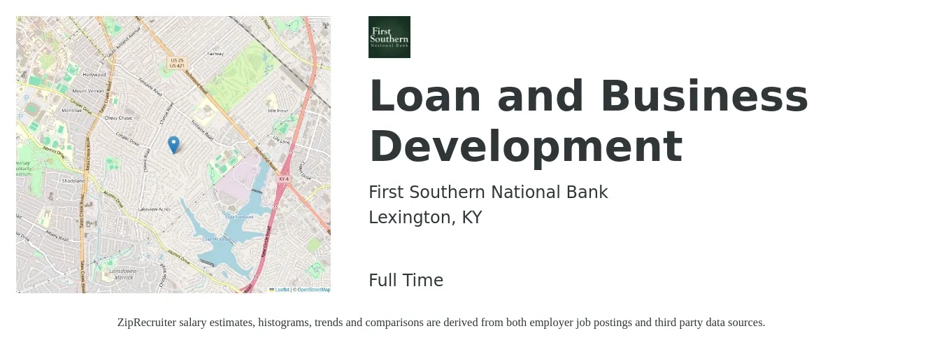 First Southern National Bank job posting for a Loan and Business Development in Lexington, KY with a salary of $16 to $27 Hourly with a map of Lexington location.
