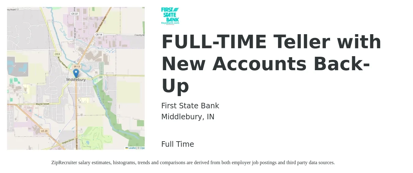 First State Bank job posting for a FULL-TIME Teller with New Accounts Back-Up in Middlebury, IN with a salary of $14 to $18 Hourly with a map of Middlebury location.