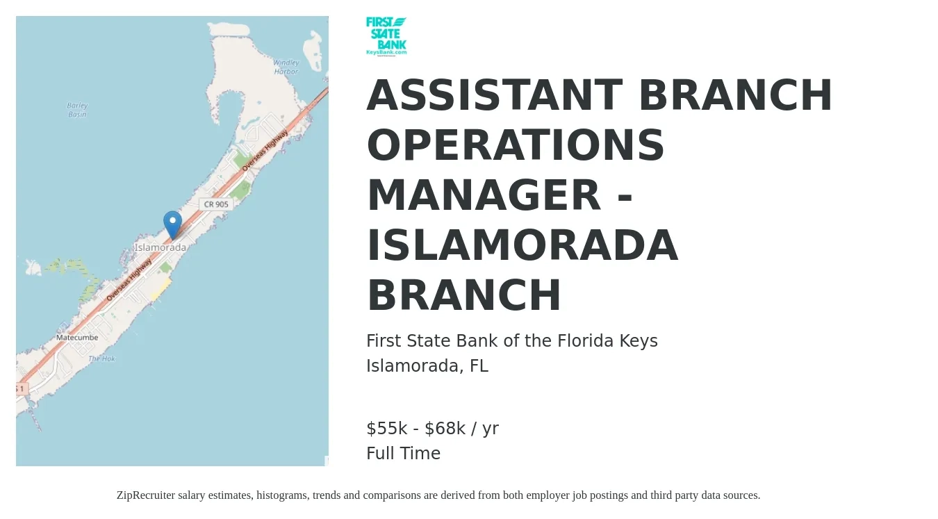 First State Bank of the Florida Keys job posting for a ASSISTANT BRANCH OPERATIONS MANAGER - ISLAMORADA BRANCH in Islamorada, FL with a salary of $55,000 to $68,000 Yearly with a map of Islamorada location.