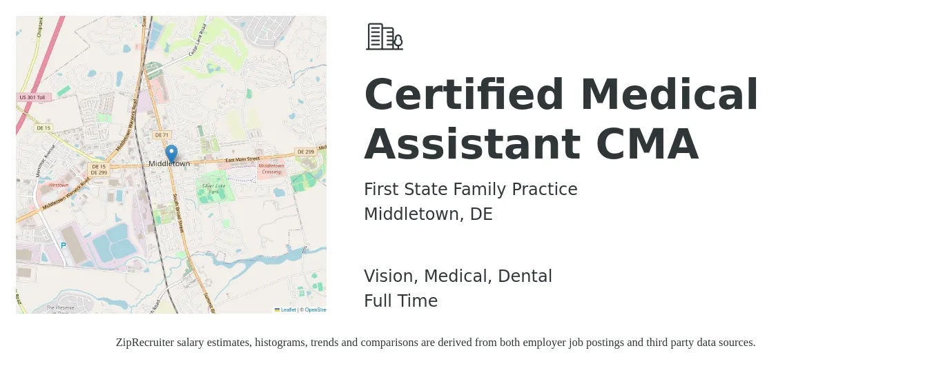 First State Family Practice job posting for a Certified Medical Assistant CMA in Middletown, DE with a salary of $16 to $21 Hourly and benefits including medical, vision, and dental with a map of Middletown location.