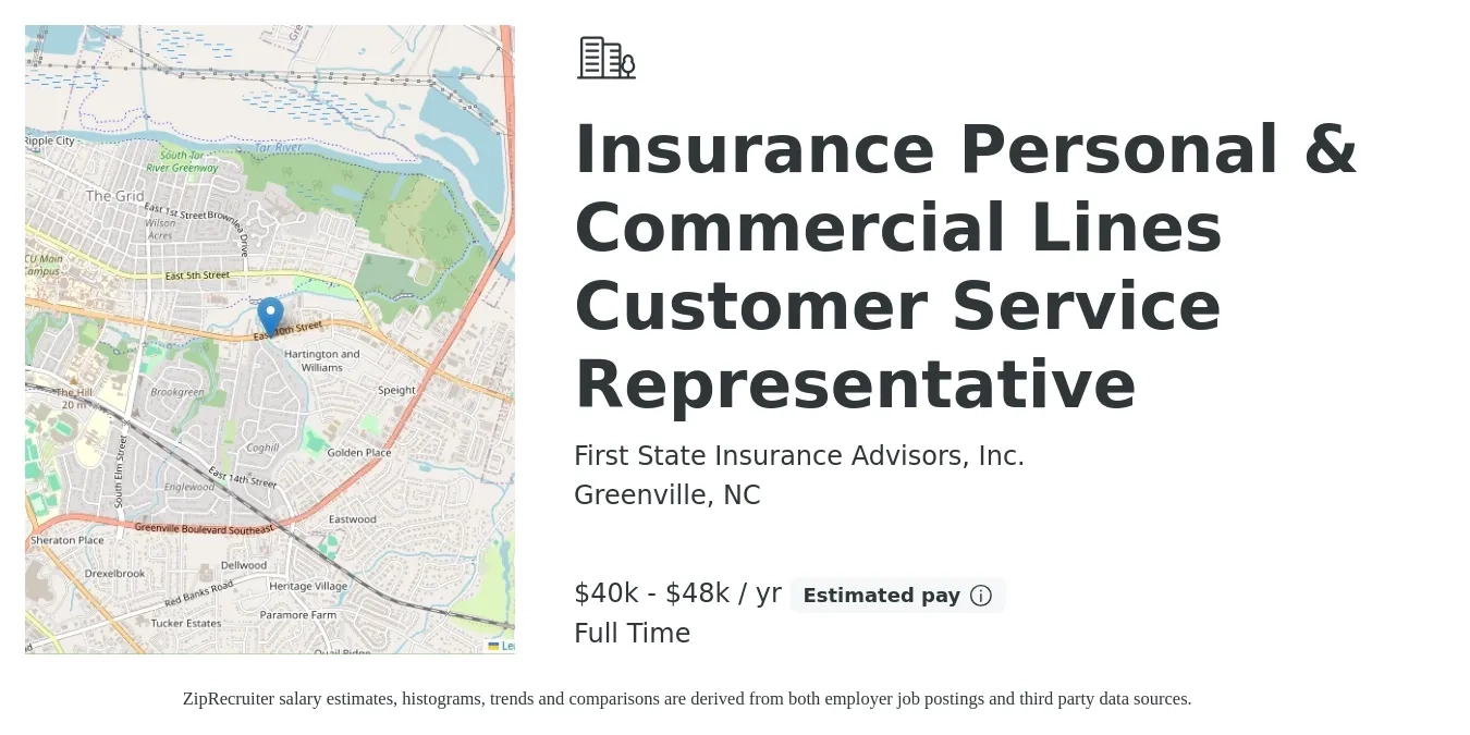 First State Insurance Advisors, Inc. job posting for a Insurance Personal & Commercial Lines Customer Service Representative in Greenville, NC with a salary of $40,000 to $48,000 Yearly with a map of Greenville location.