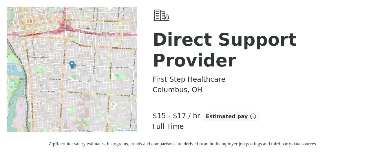 First Step Healthcare job posting for a Direct Support Provider in Columbus, OH with a salary of $16 to $19 Hourly with a map of Columbus location.