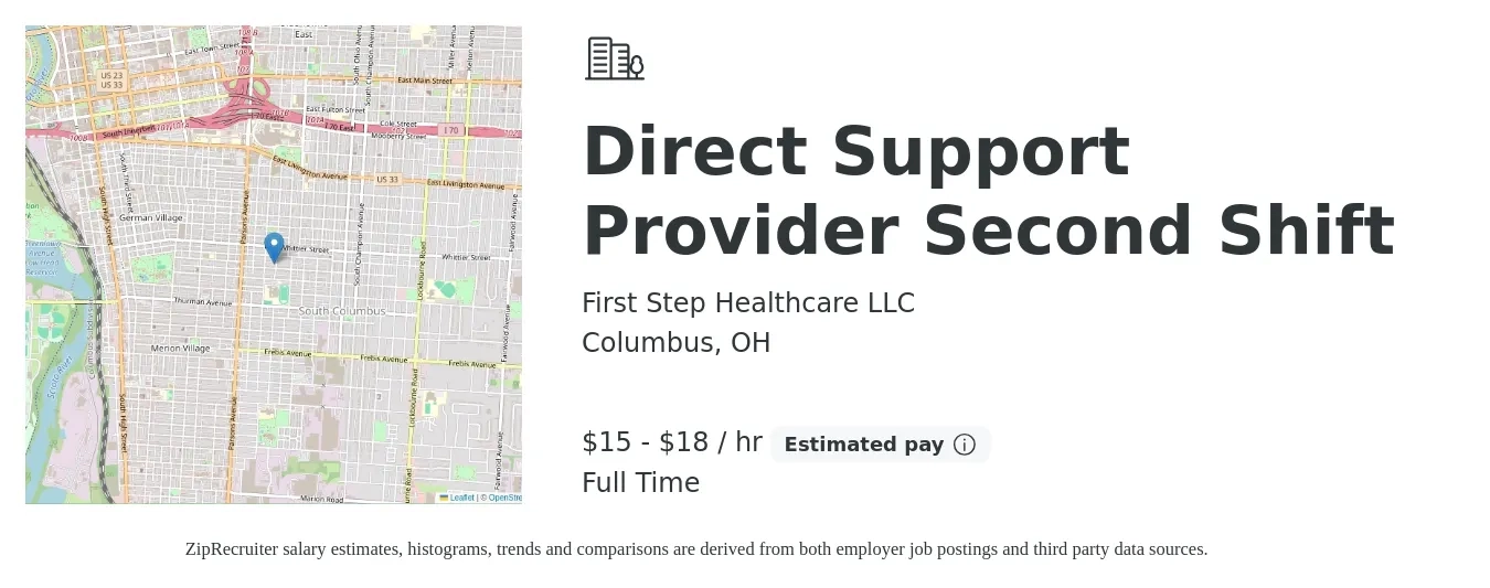 First Step Healthcare LLC job posting for a Direct Support Provider Second Shift in Columbus, OH with a salary of $16 to $19 Hourly with a map of Columbus location.