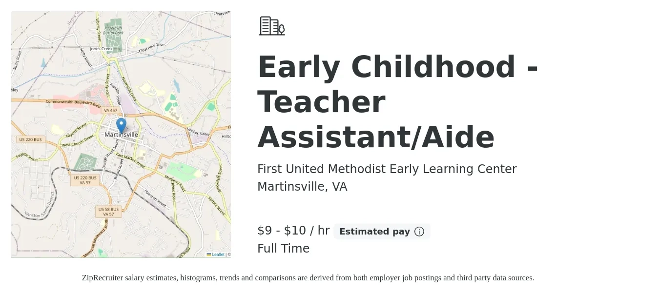First United Methodist Early Learning Center job posting for a Early Childhood - Teacher Assistant/Aide in Martinsville, VA with a salary of $10 to $11 Hourly with a map of Martinsville location.