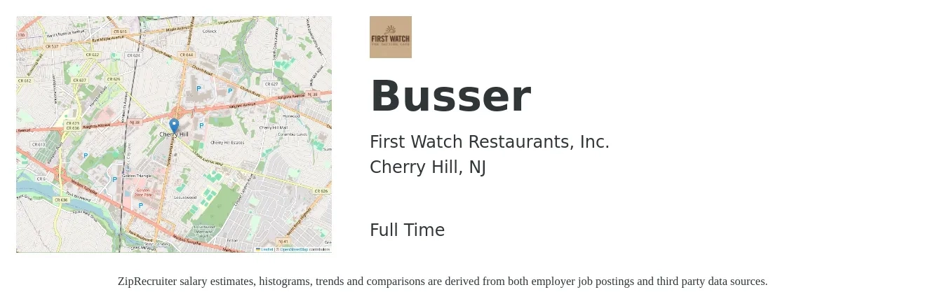 First Watch Restaurants, Inc. job posting for a Busser in Cherry Hill, NJ with a salary of $11 to $16 Hourly with a map of Cherry Hill location.