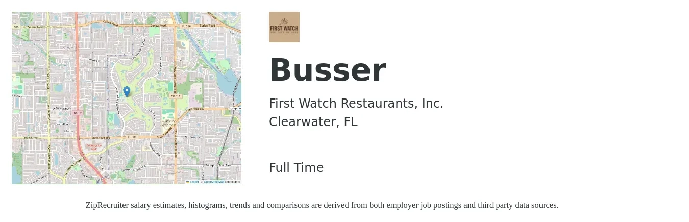 First Watch Restaurants, Inc. job posting for a Busser in Clearwater, FL with a salary of $10 to $14 Hourly with a map of Clearwater location.