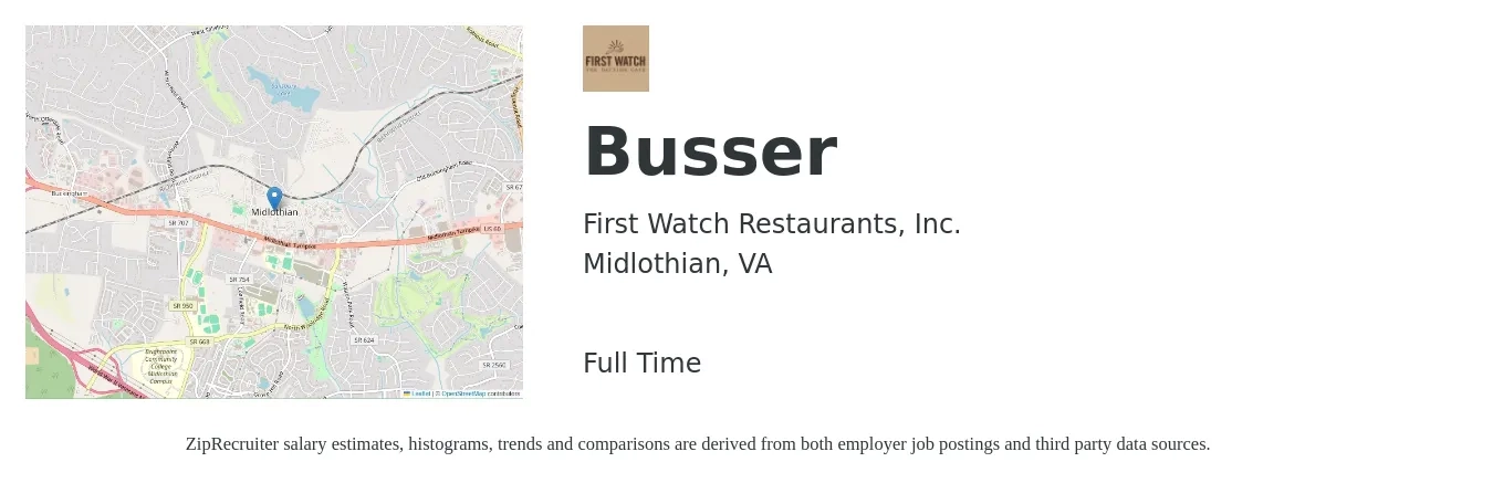 First Watch Restaurants, Inc. job posting for a Busser in Midlothian, VA with a salary of $10 to $14 Hourly with a map of Midlothian location.