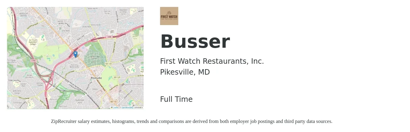 First Watch Restaurants, Inc. job posting for a Busser in Pikesville, MD with a salary of $10 to $15 Hourly with a map of Pikesville location.