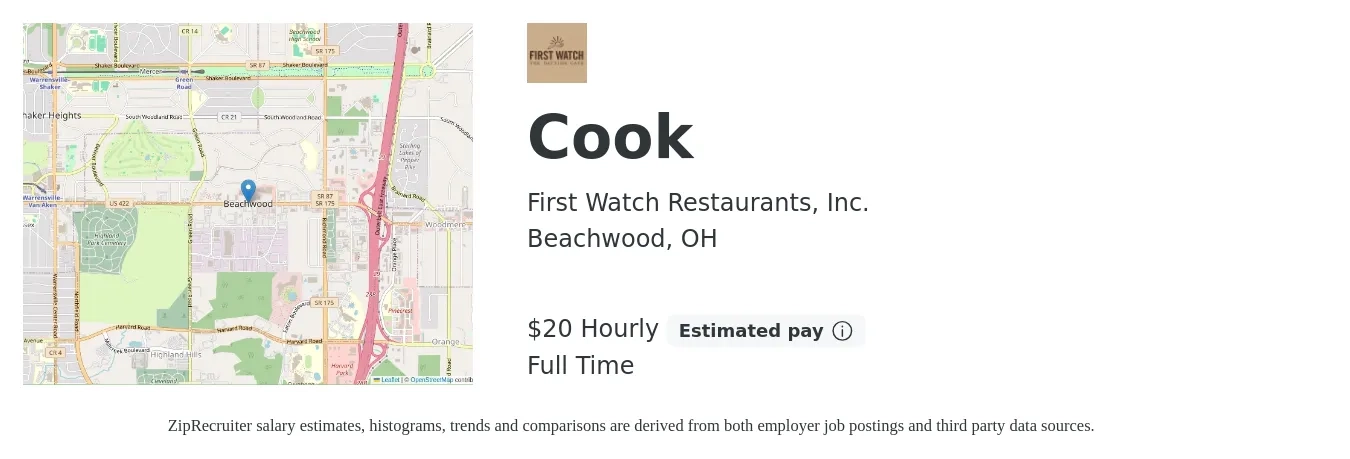 First Watch Restaurants, Inc. job posting for a Cook in Beachwood, OH with a salary of $21 Hourly with a map of Beachwood location.