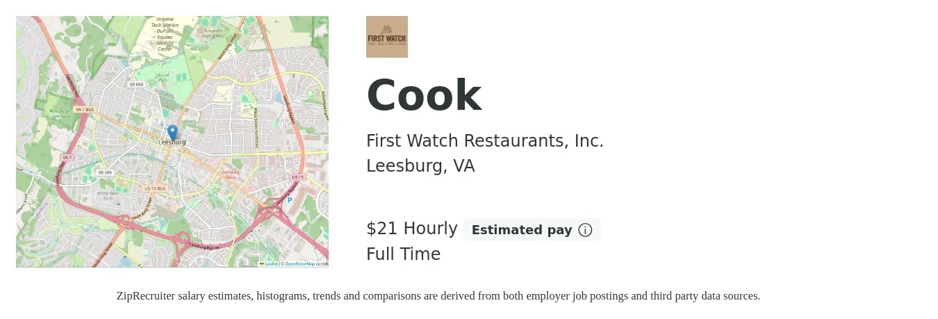 First Watch Restaurants, Inc. job posting for a Cook in Leesburg, VA with a salary of $22 Hourly with a map of Leesburg location.