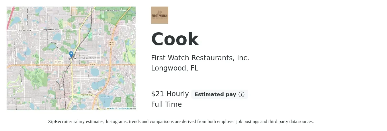First Watch Restaurants, Inc. job posting for a Cook in Longwood, FL with a salary of $22 Hourly with a map of Longwood location.