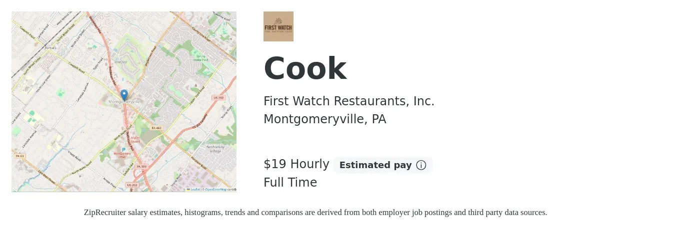 First Watch Restaurants, Inc. job posting for a Cook in Montgomeryville, PA with a salary of $20 Hourly with a map of Montgomeryville location.
