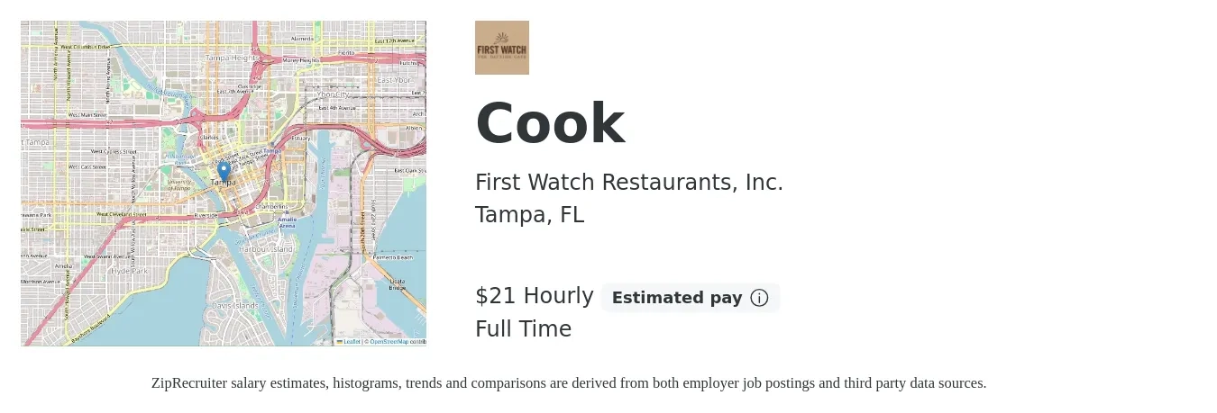 First Watch Restaurants, Inc. job posting for a Cook in Tampa, FL with a salary of $22 Hourly with a map of Tampa location.