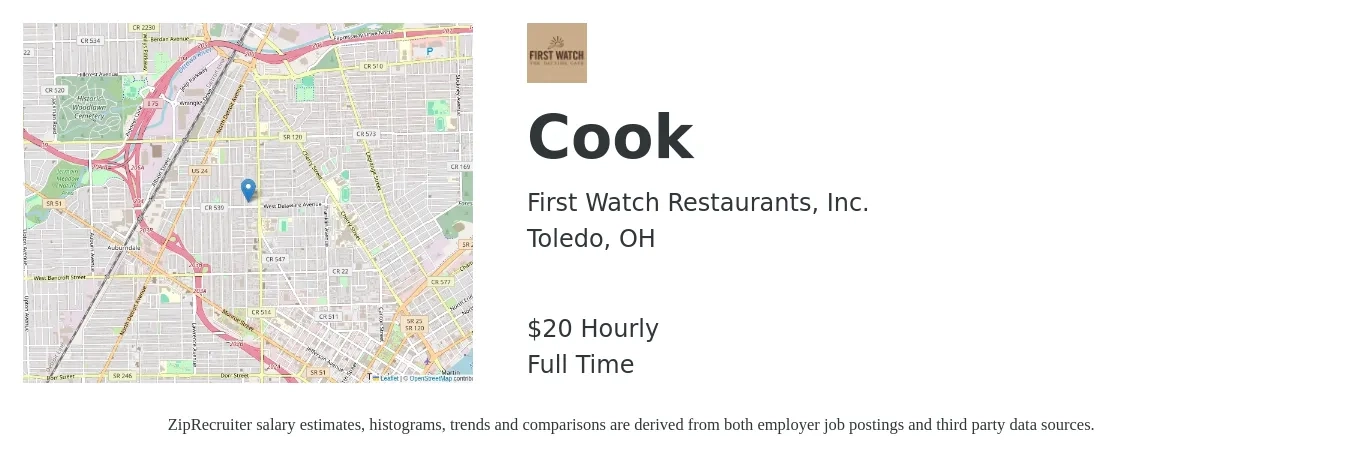 First Watch Restaurants, Inc. job posting for a Cook in Toledo, OH with a salary of $21 Hourly with a map of Toledo location.