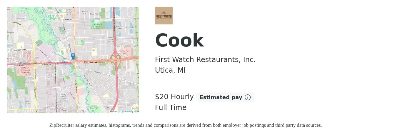 First Watch Restaurants, Inc. job posting for a Cook in Utica, MI with a salary of $21 Hourly with a map of Utica location.