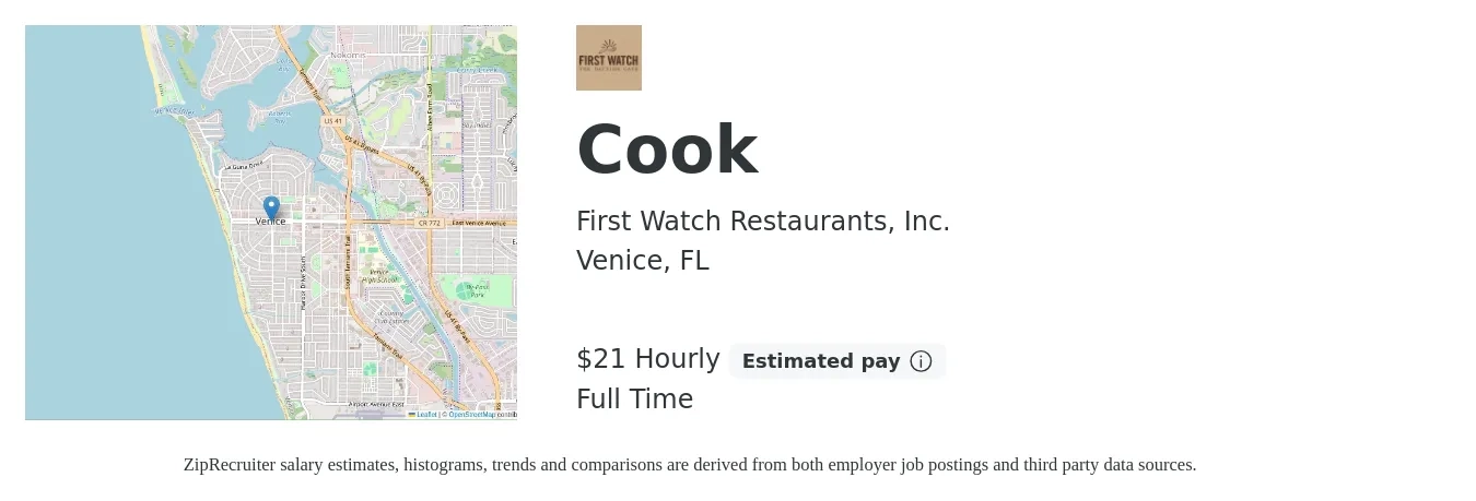 First Watch Restaurants, Inc. job posting for a Cook in Venice, FL with a salary of $22 Hourly with a map of Venice location.