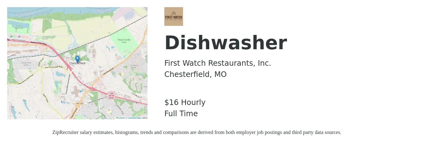 First Watch Restaurants, Inc. job posting for a Dishwasher in Chesterfield, MO with a salary of $17 Hourly with a map of Chesterfield location.
