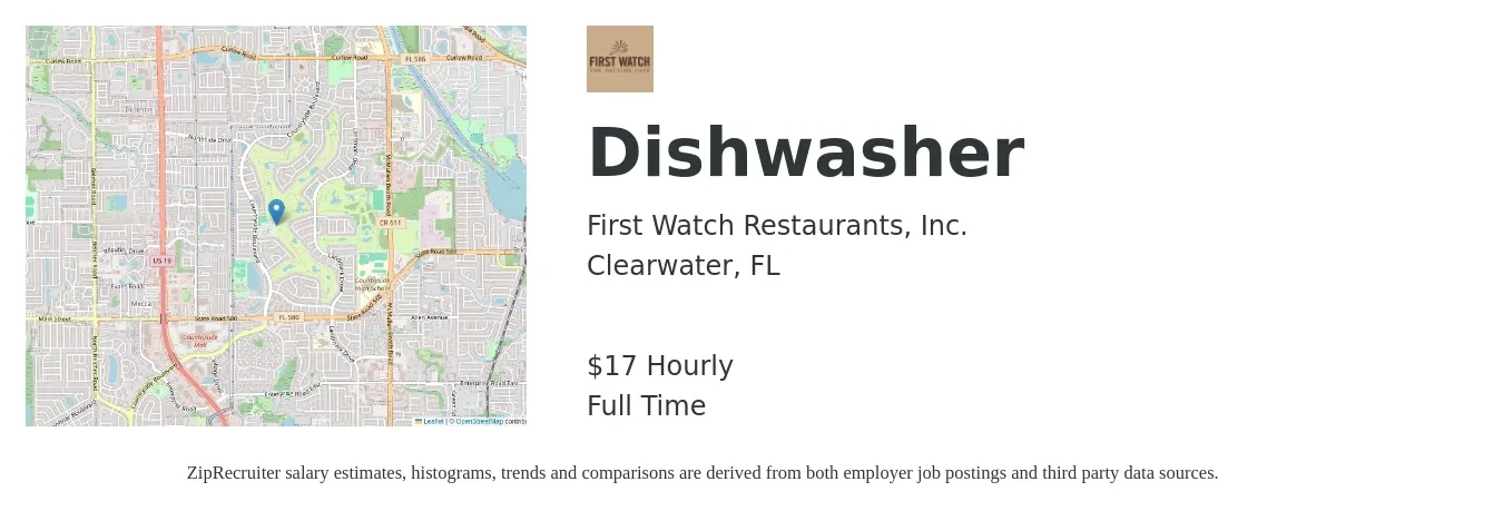 First Watch Restaurants, Inc. job posting for a Dishwasher in Clearwater, FL with a salary of $18 Hourly with a map of Clearwater location.
