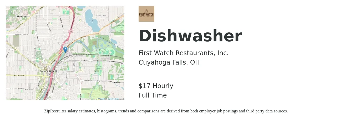 First Watch Restaurants, Inc. job posting for a Dishwasher in Cuyahoga Falls, OH with a salary of $18 Hourly with a map of Cuyahoga Falls location.