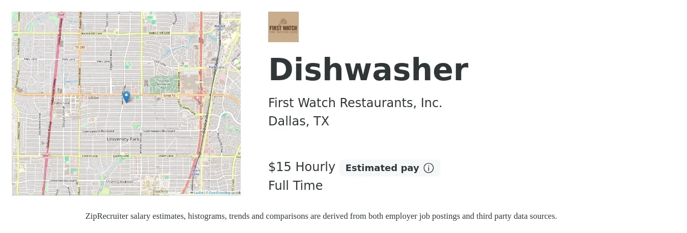 First Watch Restaurants, Inc. job posting for a Dishwasher in Dallas, TX with a salary of $16 Hourly with a map of Dallas location.