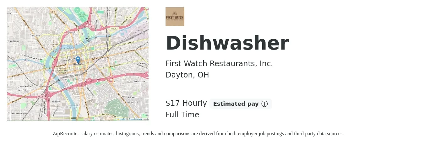 First Watch Restaurants, Inc. job posting for a Dishwasher in Dayton, OH with a salary of $18 Hourly with a map of Dayton location.