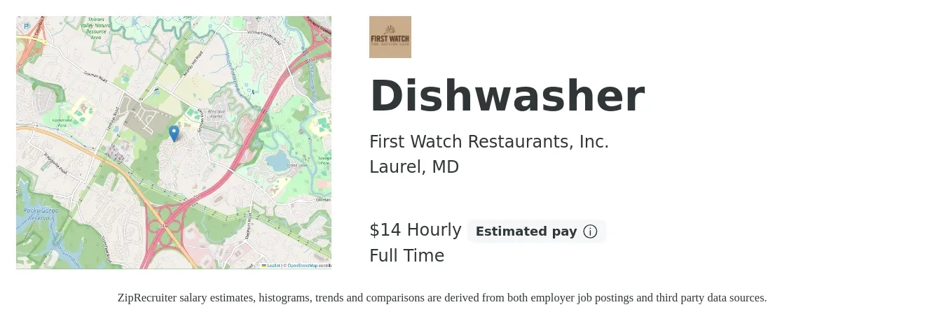 First Watch Restaurants, Inc. job posting for a Dishwasher in Laurel, MD with a salary of $15 Hourly with a map of Laurel location.