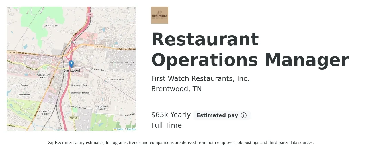 First Watch Restaurants, Inc. job posting for a Restaurant Operations Manager in Brentwood, TN with a salary of $65,000 Yearly with a map of Brentwood location.