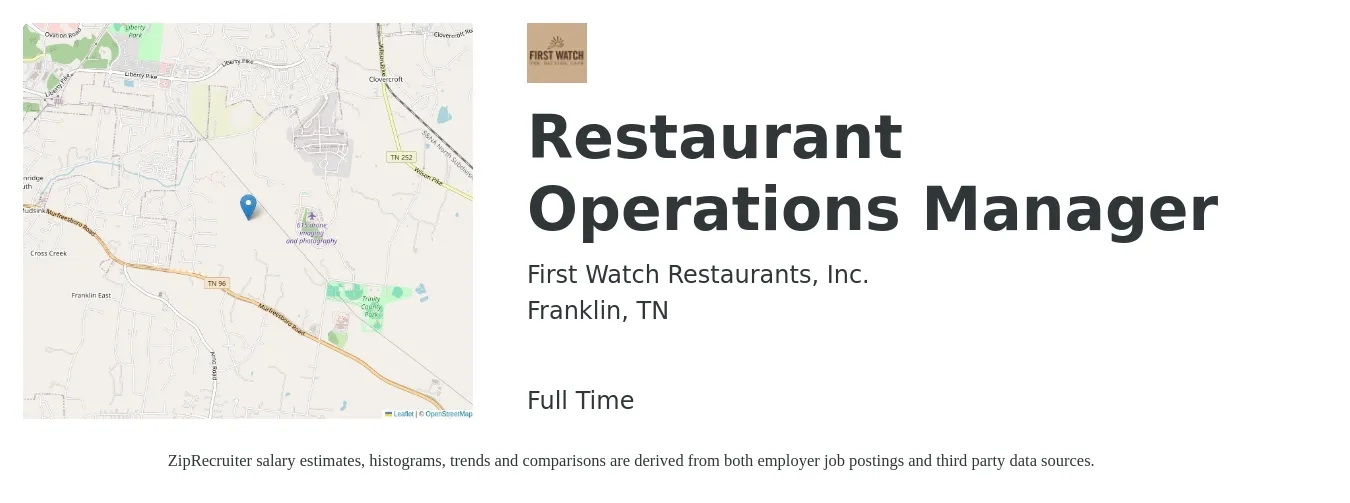 First Watch Restaurants, Inc. job posting for a Restaurant Operations Manager in Franklin, TN with a salary of $65,000 Yearly with a map of Franklin location.