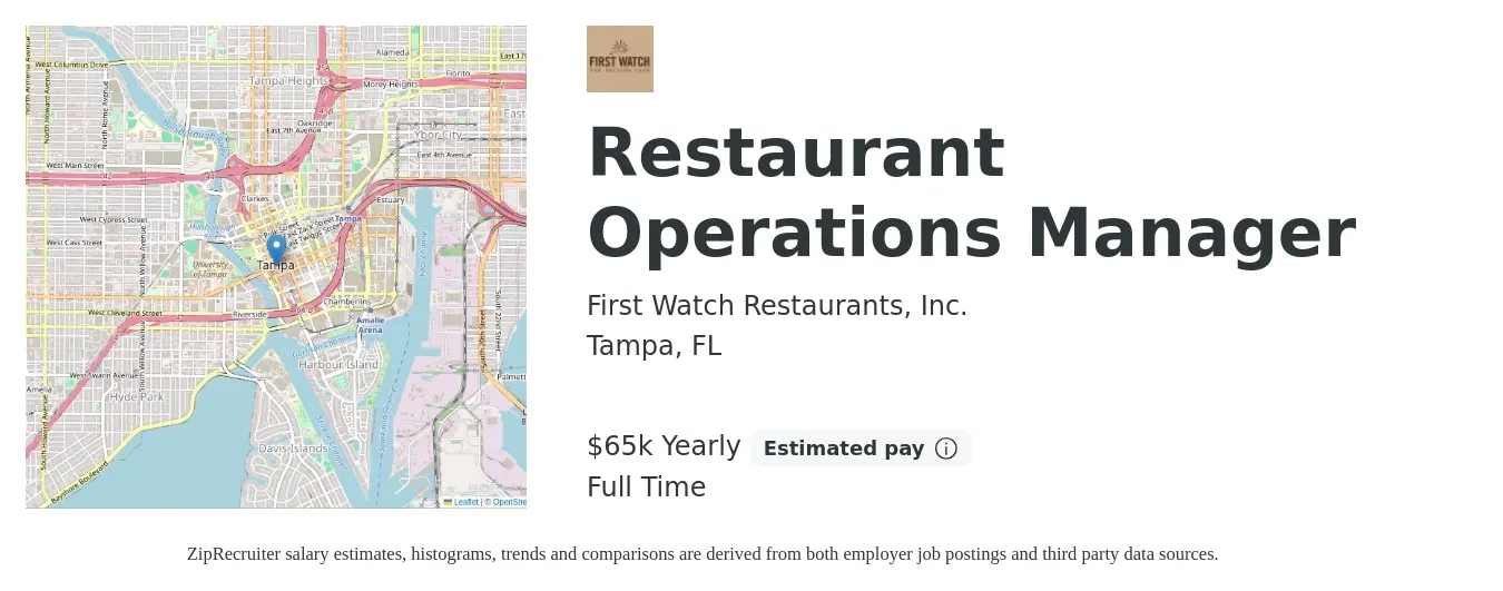 First Watch Restaurants, Inc. job posting for a Restaurant Operations Manager in Tampa, FL with a salary of $65,000 Yearly with a map of Tampa location.