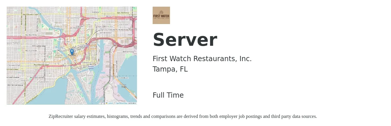 First Watch Restaurants, Inc. job posting for a Server in Tampa, FL with a salary of $10 to $17 Hourly with a map of Tampa location.