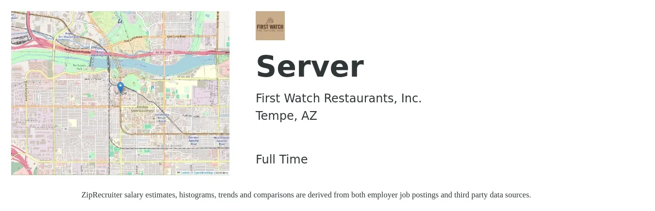First Watch Restaurants, Inc. job posting for a Server in Tempe, AZ with a salary of $10 to $18 Hourly with a map of Tempe location.
